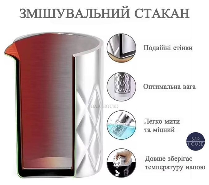 Смесительный стакан для коктейлей Bar House 560 мл с двойными стенками из нержавеющей стали Серебристый BH-MxGl-Steel-560ml фото